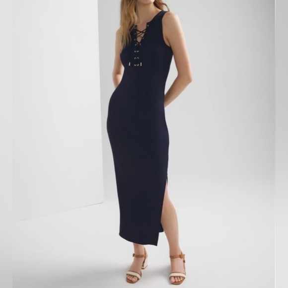 WHBM FORME Rib Bodycon Dress Sophisticated Leisure Elegant Nautical Navy w Tie - Picture 15 of 15